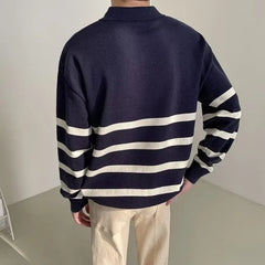 Hearujoy Shoulder Drop Striped Lapel Sweater Men's Light Luxury Outerwear Knitted Sweater Long Sleeved Casual Temperament Line Garment