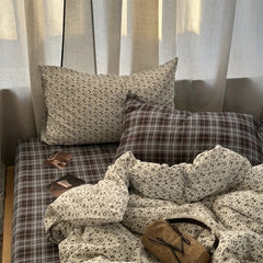 YICKYUE  -  3/4pc Vintage Little Floral Bedding Set Soft Washed Cotton Duvet Cover Set Grid Bed Sheet+Pillowcases for Single Full Queen Home