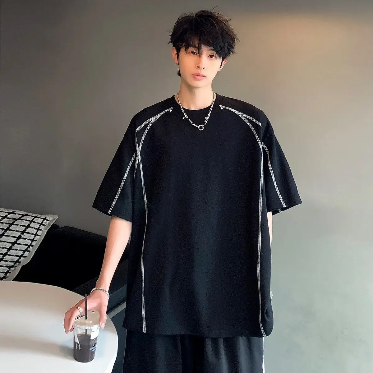 HEARUJOY  -  Top Oversized O Neck Plain Cotton Man Tee Shirts Aesthetic Clothing Streetwear Funny Elastic Stylish New In T Shirt for Men Cool