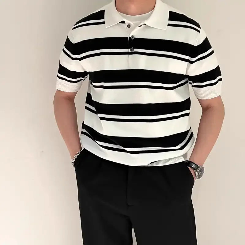 HEARUJOY  -  Men's Summer Striped Ice Silk Knit T-shirt Short Sleeve Lapel Versatile Casual Basic Top For Outer Wear