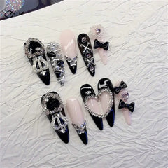 YICKYUE  -  10PCS Handmade Press on Nails Spicy Girls Black Pink Long Almond Fake Nails Wearable Heavy Metal Rhinestome Bow False Nails