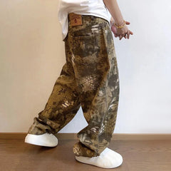 Hearujoy Mens Casual Pants Fashionable Trendy Y2k High Street Hip-Hop Retro Snake Pattern Loose Jeans Spring And Autumn New Style