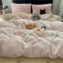 YICKYUE  -  Winter new soft rabbit fleece four-piece set three-dimensional bow thickened warm milk fleece duvet cover dormitory