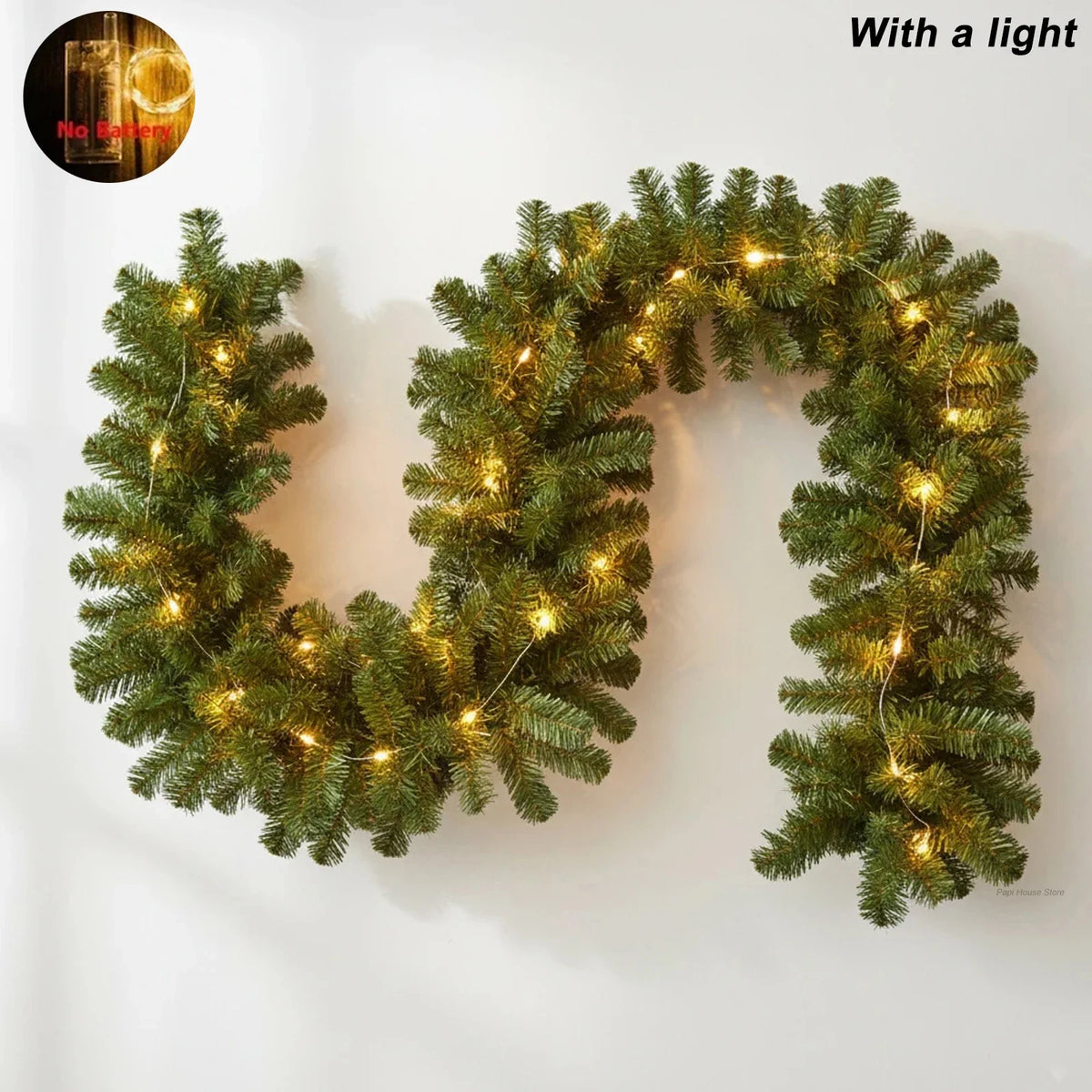 YICKYUE  -  2.7M Christmas Decoration  Garland Wreath with LED Lights,  Artificial Green Pine Rattan Hanging Christmas Decor for Door Stairs