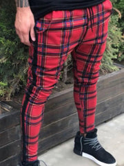 YICKYUE  -  Men's Casual Slim Trousers Plaid Print Fashionable Long Pants Polyester Fiber mid Waist Zipper Closure Straight Tube Pants