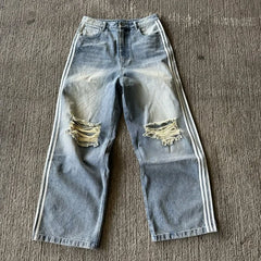 Hearujoy Jeans Y2K Trend Striped Rhinestones Embellished Ripped Denim Harajuku High Street Loose Streetwear Unisex Mopping Pants