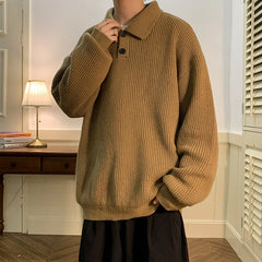HEARUJOY  -  Vintage Mens Polo Neck Sweater Autumn Winter Long Sleeved Knitted Top Japanese Lazy Style Fashion Loose Knit Sweater Thick