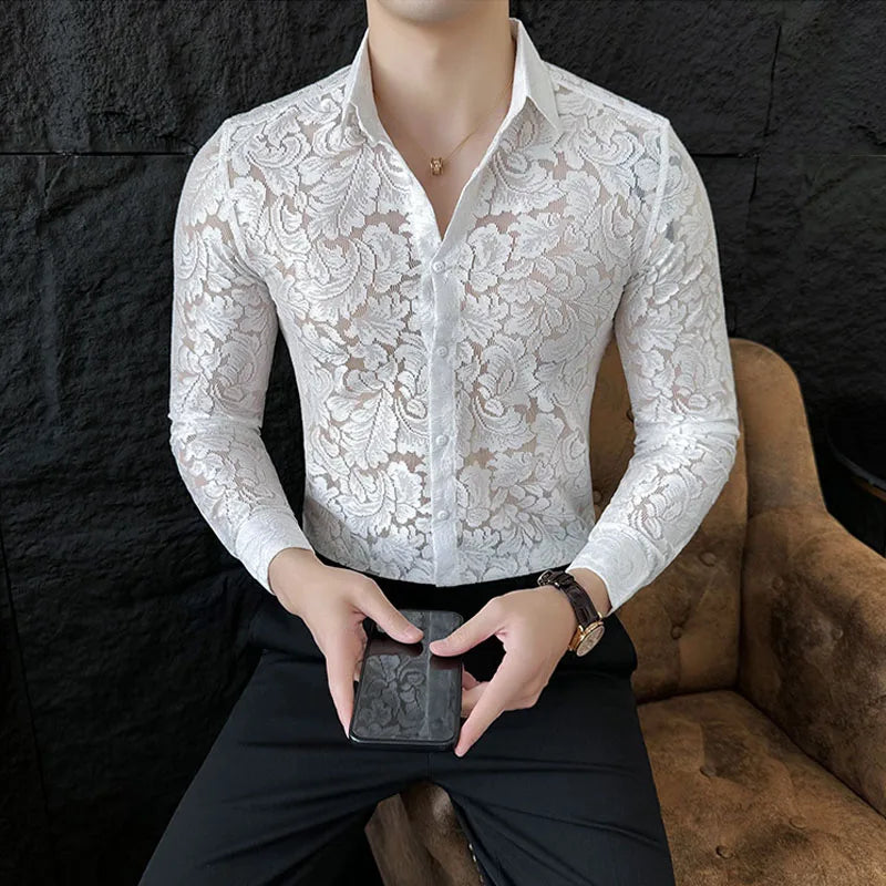 YICKYUE  -  Sexy Men's Mesh See Through Fishnet Lace Shirts Long Sleeved Slim Fit Transparent Shirt for Men Nightclub Prom Camisa Masculina