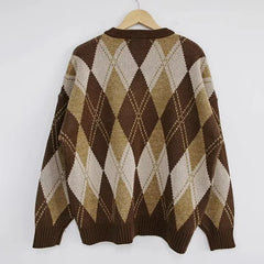 Hearujoy Argyle Sweater Pullover Men's Christmas Grandpa Sweater Korean Casual Vintage Retro Clothes Autumn Streetwear Harajuku