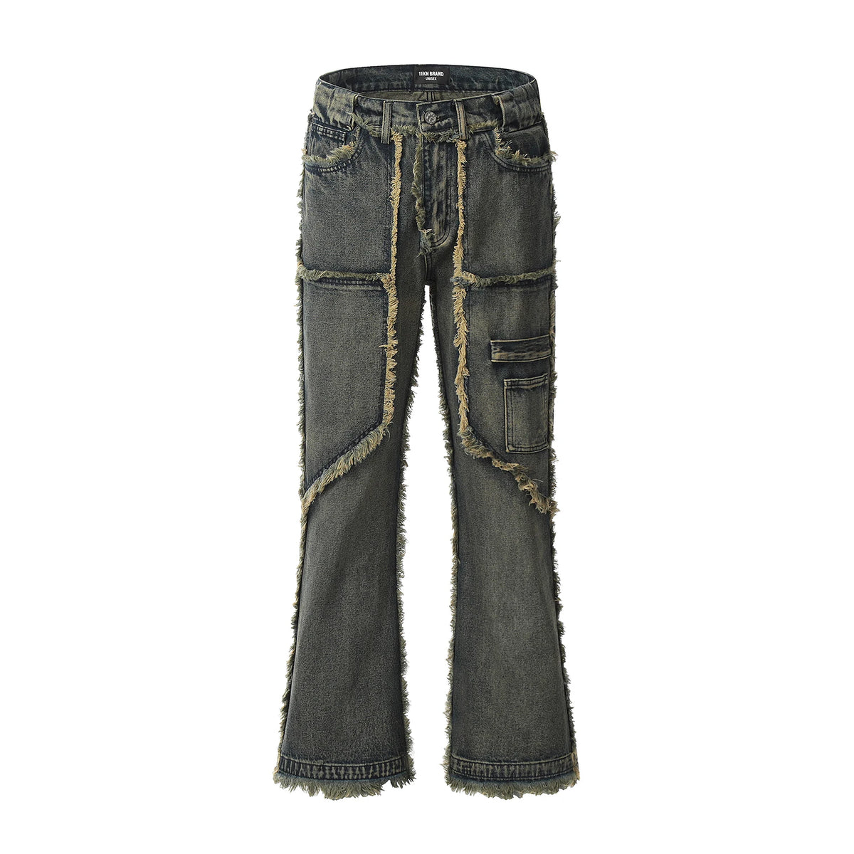 Mens Streetwear Y2k Heavy Craft Washed Flared Jeans Hip Hop Distressed Denim Pants Women Slim Straight Tassel Jeans Raw Edge