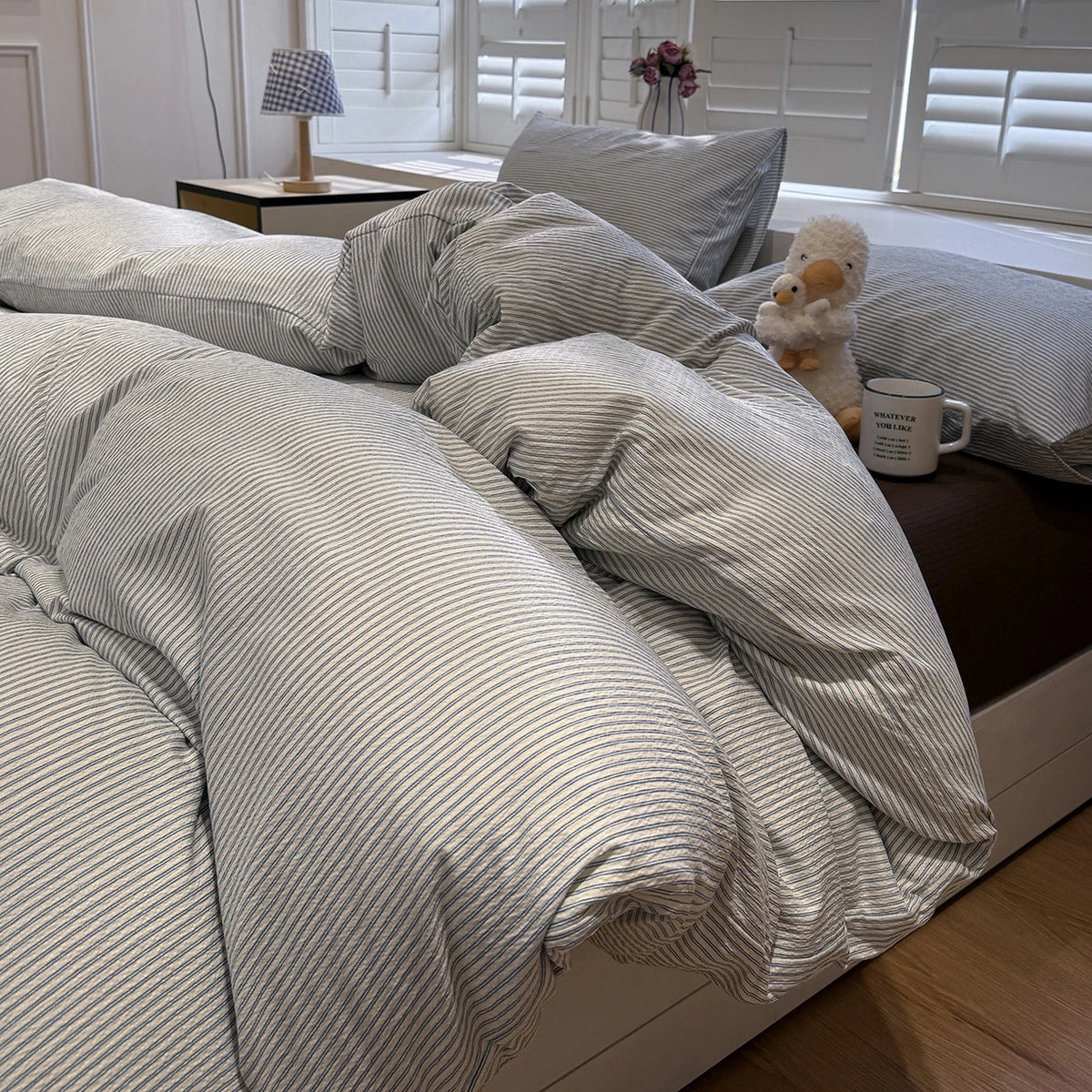 YICKYUE  -  Autumn Bedding Set Soft Duvet Cover+Sheet+Pillowcase Kit Classical Stripe Quilt Cover Four Seasons Adult Bedclothes Twin Queen