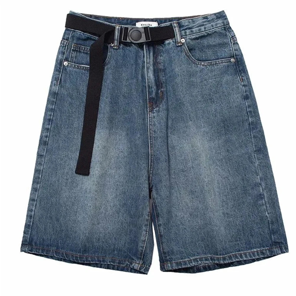 Hearujoy Mens Y2k Sports Casual Jeans Spring Summer New Genderless Fashion Loose Streetwear Solid Color short jeans with Belt Unisex