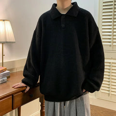 HEARUJOY  -  Vintage Mens Polo Neck Sweater Autumn Winter Long Sleeved Knitted Top Japanese Lazy Style Fashion Loose Knit Sweater Thick