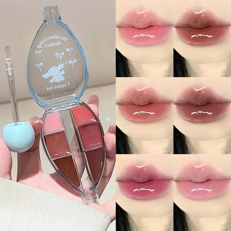 YICKYUE  -  6 Colors of Mirror Jelly Lip Gloss Palette Moisturizing Clear Water Gloss Glass Plump Lip Tint Makeup Palette Beauty Cosmetics