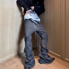 Hearujoy High Street Washed Gray Boot Cut for Men and Women Straight Frayed Casual Baggy Flare Jeans Oversized Loose Denim Trousers
