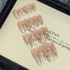 YICKYUE  -  Handmade French Cat Eye Press on Nails Glitter Champagne Crystal Butterfly False Nails 3d Rhinestone Snake New Year Fake Nails