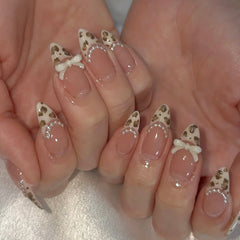 YICKYUE  -  Wearable Press On Nails Leopard Print Almond False Nails French Style Nail Tip With Pearl Bow Design Women Girls Manicure 24pcs