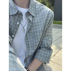 HEARUJOY  -  Mens Long Sleeve Plaid Shirt Casual Spring Autumn Fashion Shirt Streetwear Urban Comfort Fit Breathable Lightweight Wear