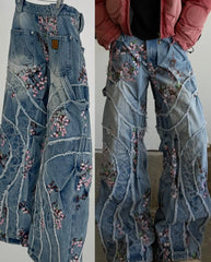 Hearujoy Y2k Retro Streetwear Cherry Blossom Stripe Embroider Baggy Jeans Women High Street Punk Patchwork Wide Leg Denim Pants Men Jeans
