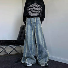 Hearujoy Mens Pants Heavy-Duty Frayed Edge Splicing Design Washed Worn Denim Jeans Autumn Hawaiian Vintage Baggy Wide Leg Pants Unisex