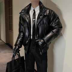 Hearujoy Winter Leather Jacket Men Oversize Stand Collar Casual Puffer Parka Thicken Keep Warm Bomber Jacket Hiphop Overcoat Men Clothing