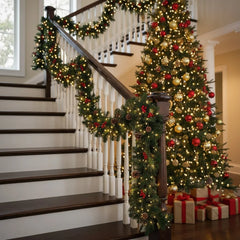YICKYUE  -  Christmas Garland Wreath 1.8M, Artificial Rattan with LED Pinecones Red Berries for Front Door Fireplace Stairs Xmas Decoration