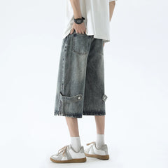 Hearujoy Korean Style Zipper Decor Men's Jeans Sixer Pants Summer Male Wide Leg Shorts 2024 Washed Fashion Loose Casual Denim Trousers