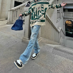 HEARUJOY  -  Hole Ripped Straight Baggy Men Flare Jeans Pants Patchwork Distressed Washed Vintage Loose Punk Denim Trousers