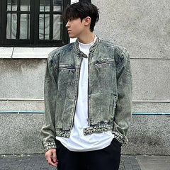 HEARUJOY  -  Male Denim Jackets High Street Shoulder Pad Design Patchwork Solid Men Short Coats American Style Loose Short Outwear Zipper