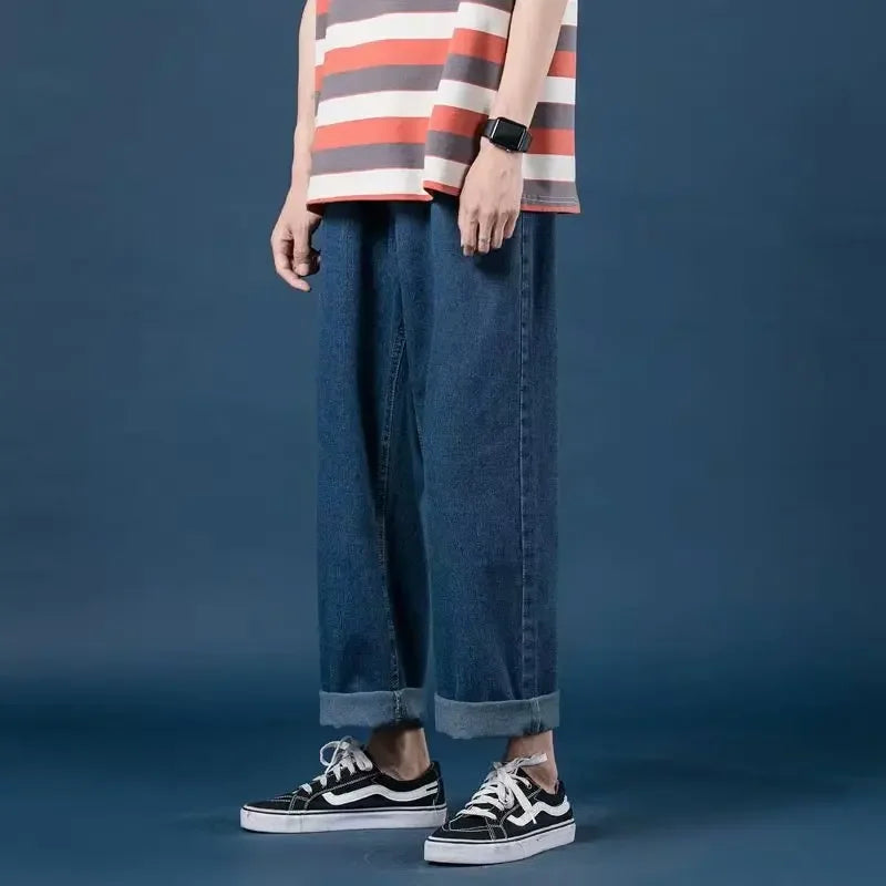 HEARUJOY  -  Men Jeans Denim Wide Leg Pants Floor Length Pant Loose Casual High Waist Regular Solid Simple Straight Trousers Autumn New