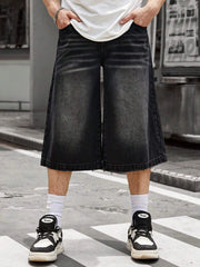 HEARUJOY  -  Men Streetwear Baggy Jorts Low Waist Cropped Black Jeans Distressed Y2k Casual Wide Pants Denim Shorts Male Trousers