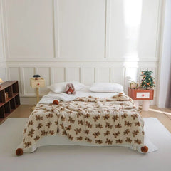 YICKYUE  -  Cartoon Bear Flannel Blanket Ball Decoration Double-Layer Thickened Fleece Warm Children Single Double Bed Blanket Sofa Throw