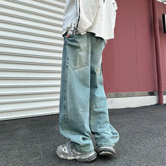 HEARUJOY  -  New Washed Jeans Street Trousers Male Denim Pants Solid Color Wide Leg Pant Button Casual Streetwear Hip Hop Oversized version