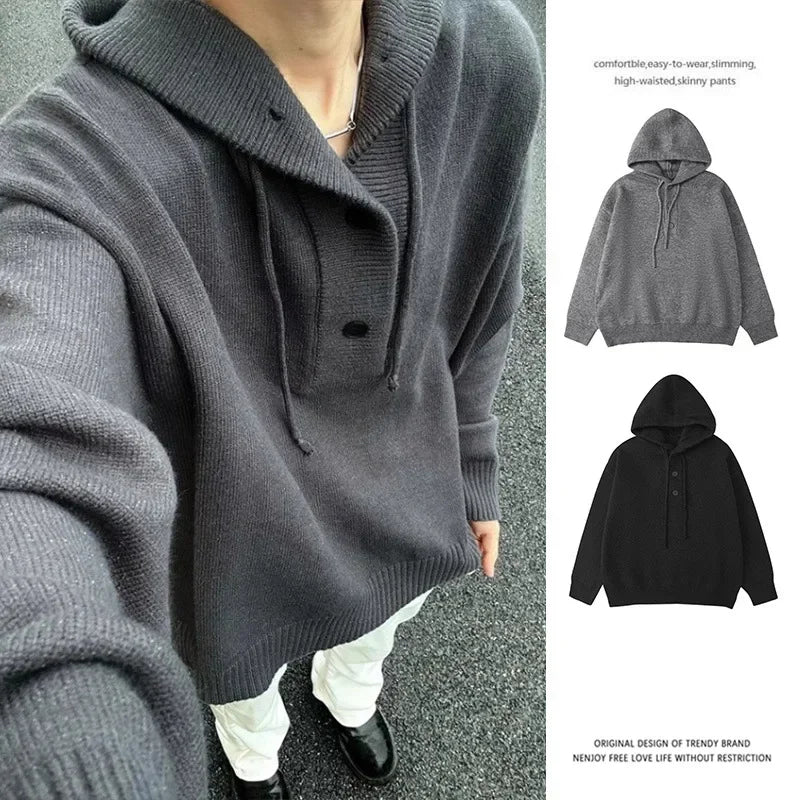 HEARUJOY  -  Hooded Jumpers Men Solid Spliced Sweaters Long Sleeve Pullovers Knitted Loose Fit Slight Strech Standard Wool High Street 2025