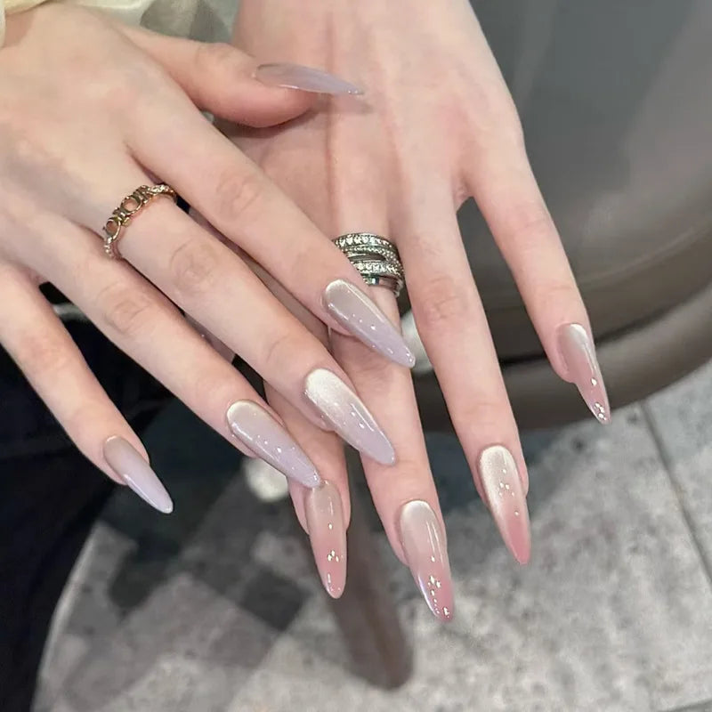 YICKYUE  -  30Pcs Press-On Nails Pure White Long-Length Nude Pink Gradient with Subtle Shimmer—Perfect for Girls and Everyday Wear