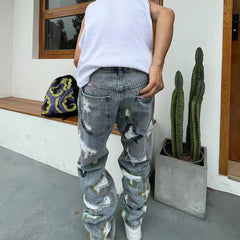Hearujoy American-style ripped embroidered denim trousers men's and women's fashion same style loose straight trendy fashion trousers ins
