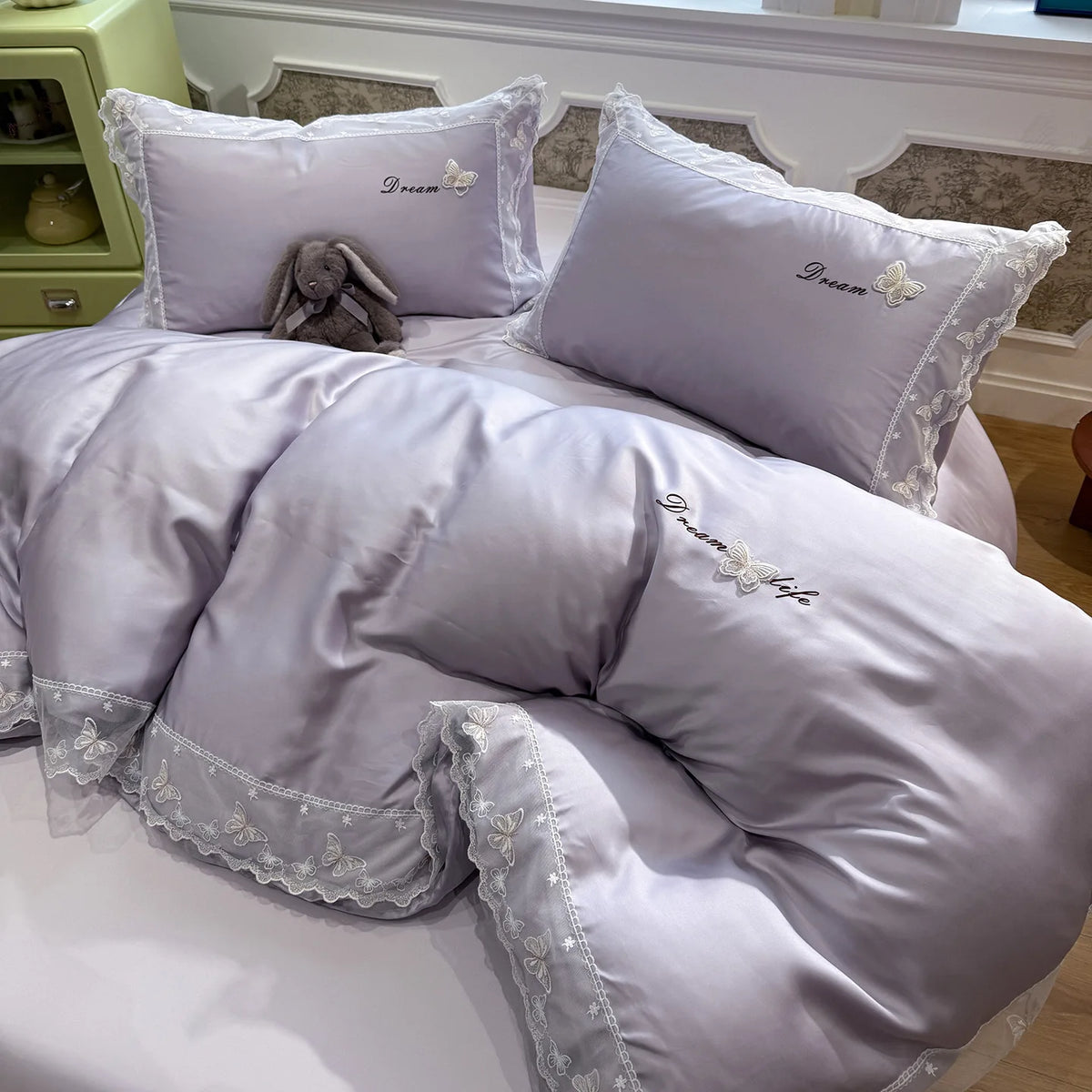 YICKYUE  -  3/4Pcs Bedding Set Euro Summer Cooling Tencel Pre-Washed Silk Blue Butterfly Lace Trim Luxury Duvet Cover Includes Pillowcase