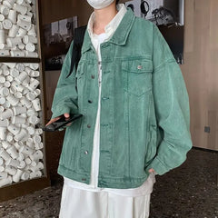 HEARUJOY  -  Lapel Design Versatile Spring Autumn Denim Jackets for Men Trendy Brands Loose Boys Couples Versatile Solid Color Jacket Tops