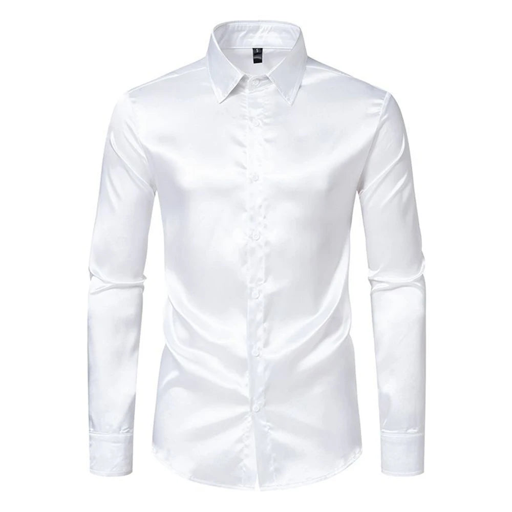 HEARUJOY  -  Men's Solid Color Shiny Long-Sleeved Shirt Retro Fashion American Trend Street Loose Niche Party Performance Summer Men's Tops