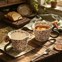 YICKYUE  -  Floral Pattern Ceramic Mug Creative Handle Latte Coffee Cup Milk Cup Breakfast Oatmeal Cup Tea Cups Household Beverage Utensil