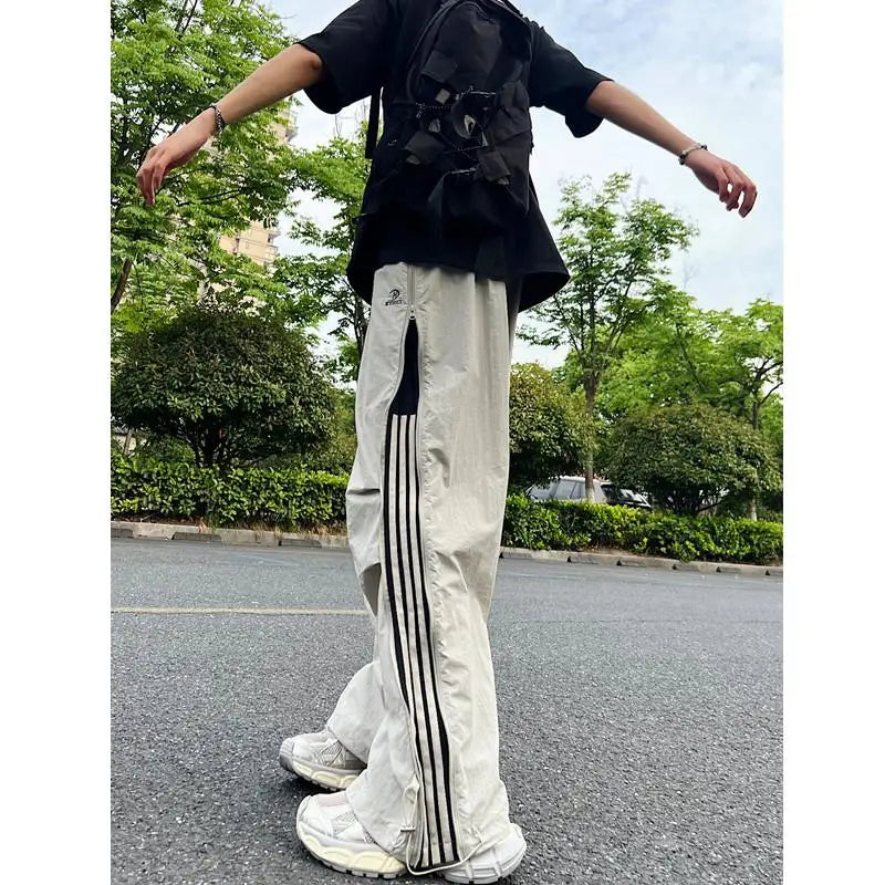 HEARUJOY  -  Spring Summer Men's Workwear Pants Loose Straight Leg Spor Casual Trousers High Street Trend Tee Stripe Leisure Trousers