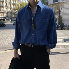 HEARUJOY  -  Men Denim Long Sleeve Shirt High End Outfit British Yuppie Style Shirt Spring Autumn New Versatile Outerwear