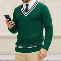 HEARUJOY  -  Men's Sweaters V-neck Pullover Knitting Tops Spring Autumn Sweaters Knitwear High Quality Jumpers Stripe Splicing Color Clothes