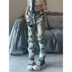 Hearujoy High Street Star Patch Embroidery Ripped Jeans Men's and Women's Same Style Retro Fashion Washed Distressed Slim Pants