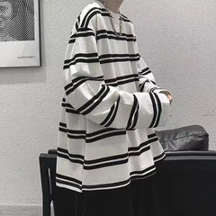 HEARUJOY  -  Loose Fit Men's Long Sleeve T Shirt 2026 Spring Autumn Striped Round Neck Base Layer Top Trendy Ins Hong Kong Style Couple Set