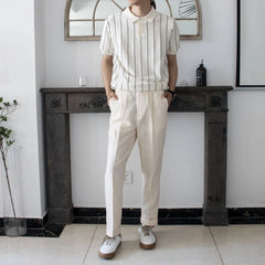 HEARUJOY  -  Summer New Men's Striped Knitted Short-Sleeved T-Shirt Retro Fashion Trend Casual Simple Loose Breathable Business Men's Tops