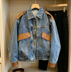 YICKYUE  -  American Retro Denim Jacket Men High Street Patchwork Long Sleeved Loose Denim Cowboy Coat Autumn Winter Fashion Top Streetwear