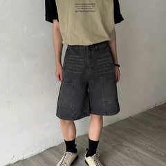 HEARUJOY  -  American Mens Summer Denim Shorts Trendy Retro Multiple Pockets Punk Mid Pants Tooling Loose Cowboy Five Quarter Pants Male