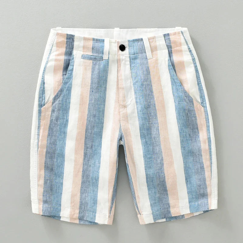 HEARUJOY  -  Streetwear Contrast Striped Linen Short Pants Horizontal Comfortable Summer Casual Mens Straight Tube Loose Capris Beach Shorts