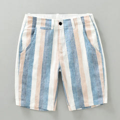 HEARUJOY  -  Streetwear Contrast Striped Linen Short Pants Horizontal Comfortable Summer Casual Mens Straight Tube Loose Capris Beach Shorts